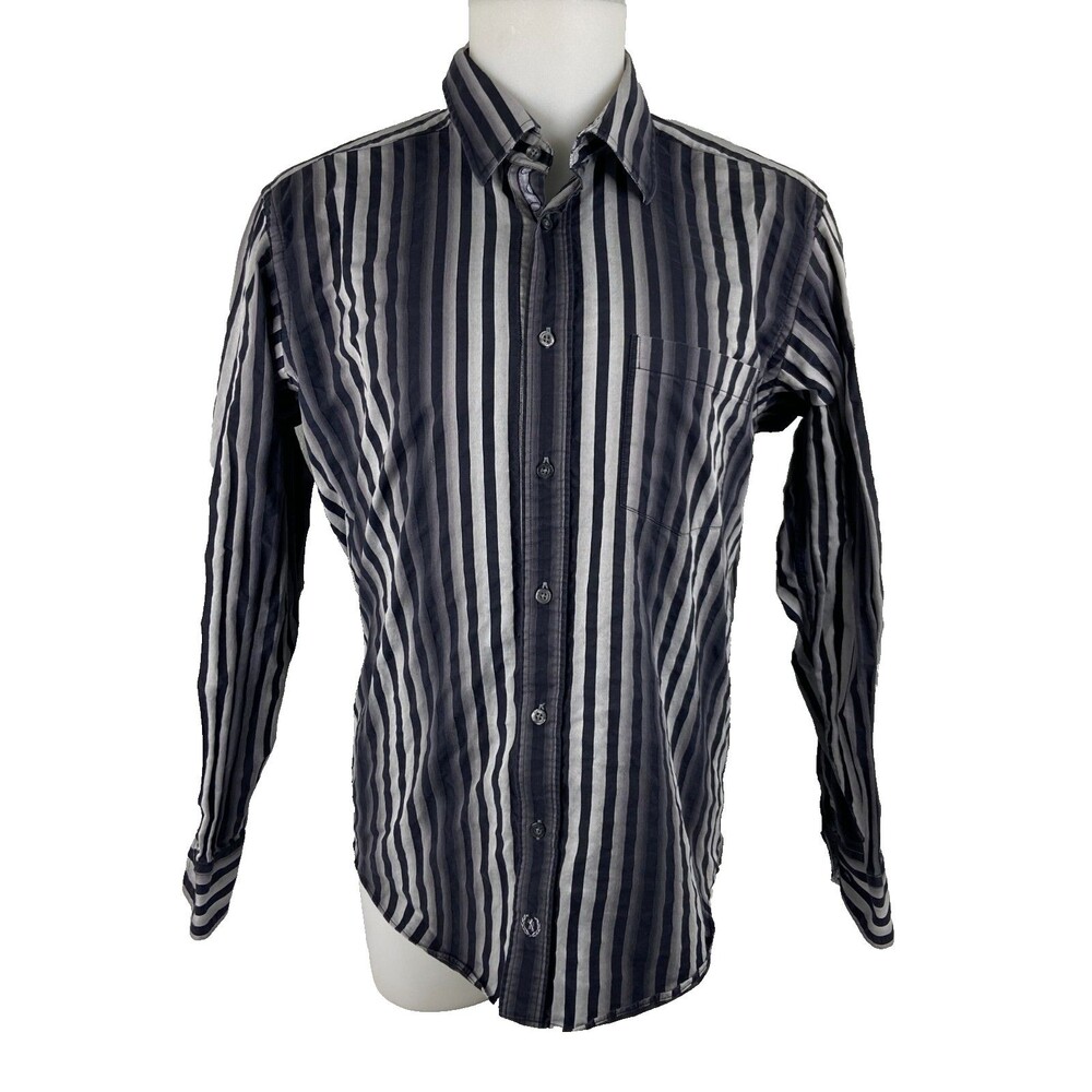 Bugatchi Uomo Men Large Button Front Shirt Black Gray Stripe Flip Cuff
